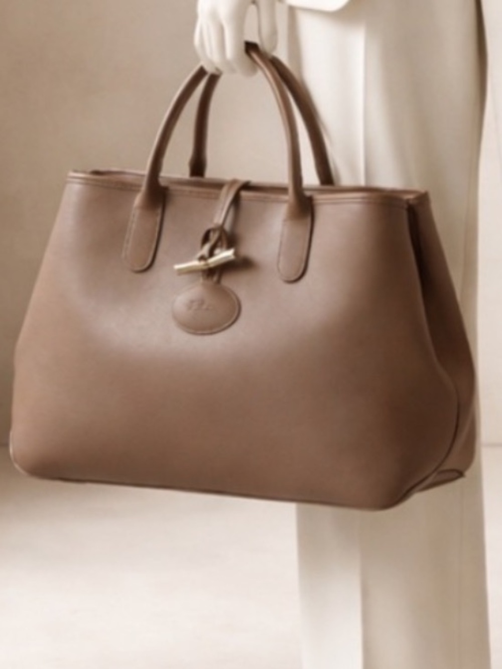 Longchamp Roseau Large Dark Beige Leather Tote Bag.